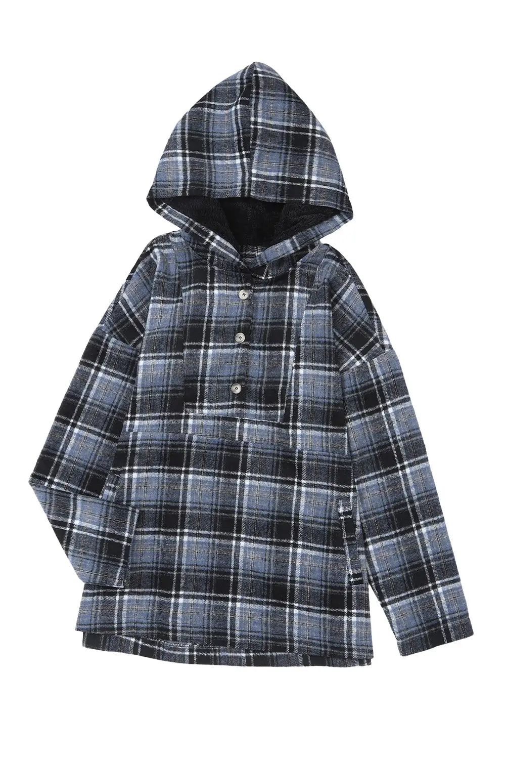 White plaid button neck pocketed pullover hoodie - tops