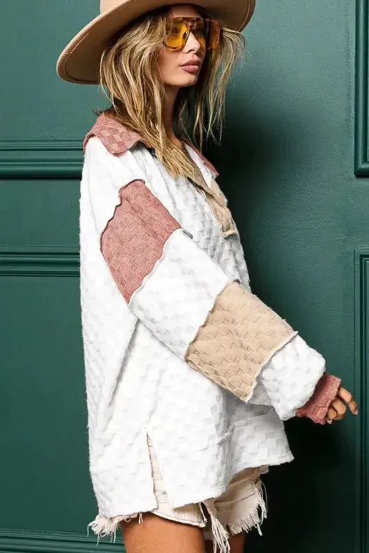 White Plaid V-Neck Loose Blouse - Fashionfitz