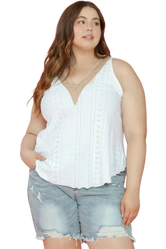 White plus size guipure v neck eyelet lace tank top - size/plus tops/plus tops