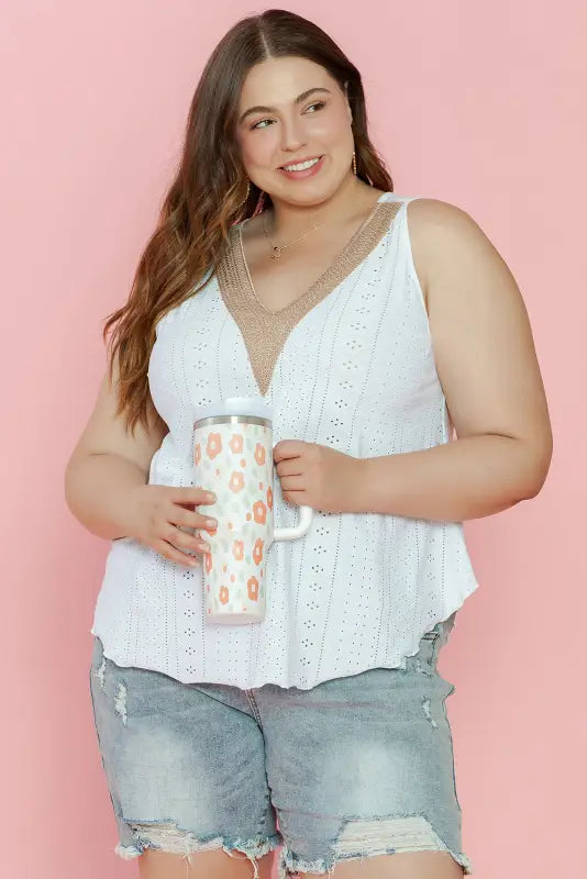 White plus size guipure v neck eyelet lace tank top - size/plus tops/plus tops