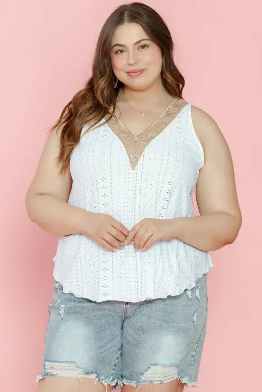 White plus size guipure v neck eyelet lace tank top - size/plus tops/plus tops