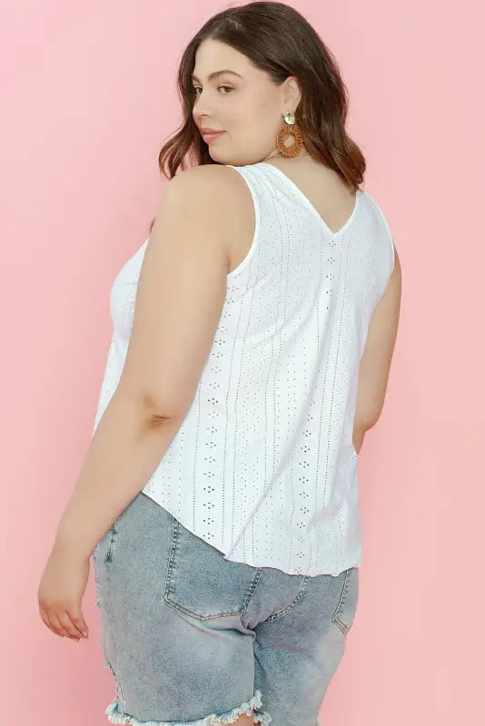 White plus size guipure v neck eyelet lace tank top - size/plus tops/plus tops