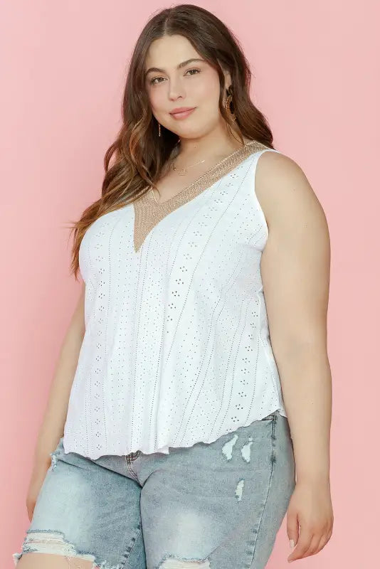 White plus size guipure v neck eyelet lace tank top - size/plus tops/plus tops