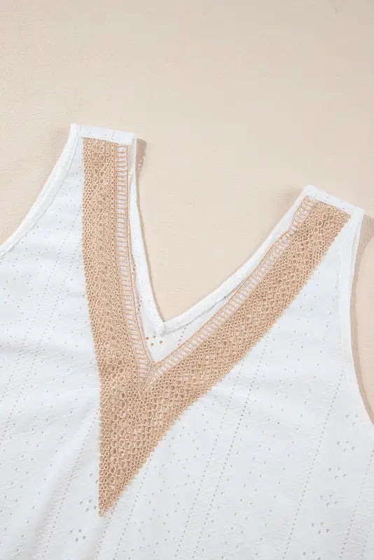 White plus size guipure v neck eyelet lace tank top - size/plus tops/plus tops