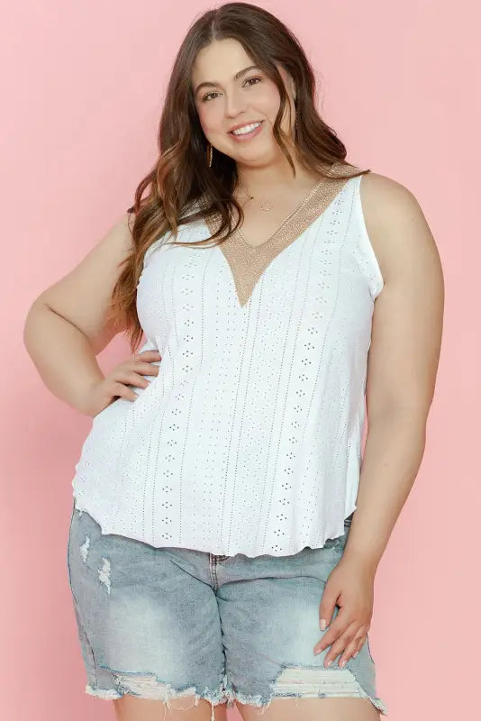 White plus size guipure v neck eyelet lace tank top - size/plus tops/plus tops