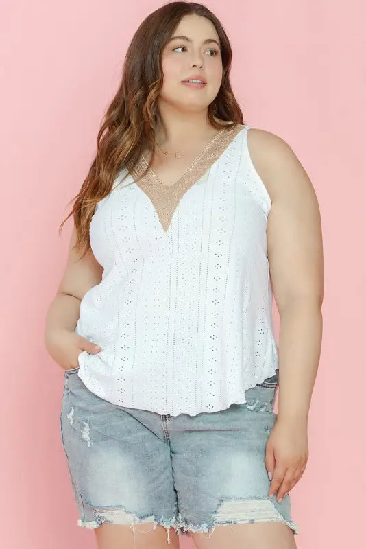 White plus size guipure v neck eyelet lace tank top - size/plus tops/plus tops