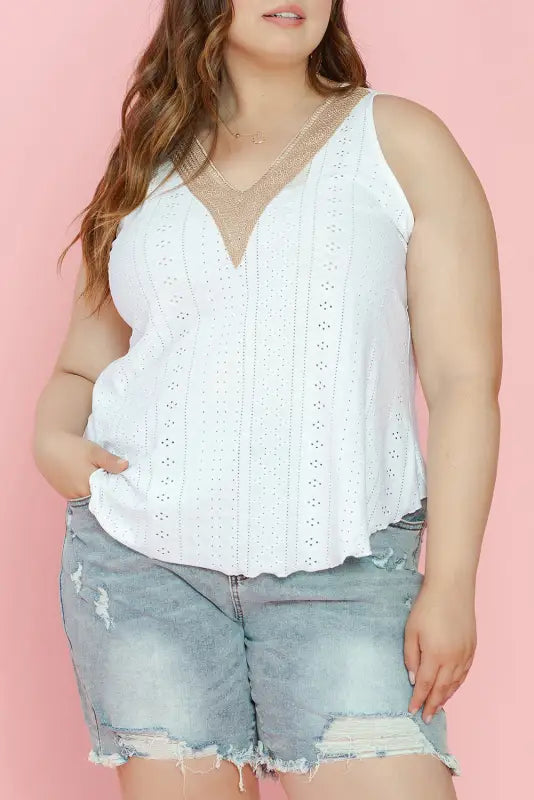 White plus size guipure v neck eyelet lace tank top - size/plus tops/plus tops