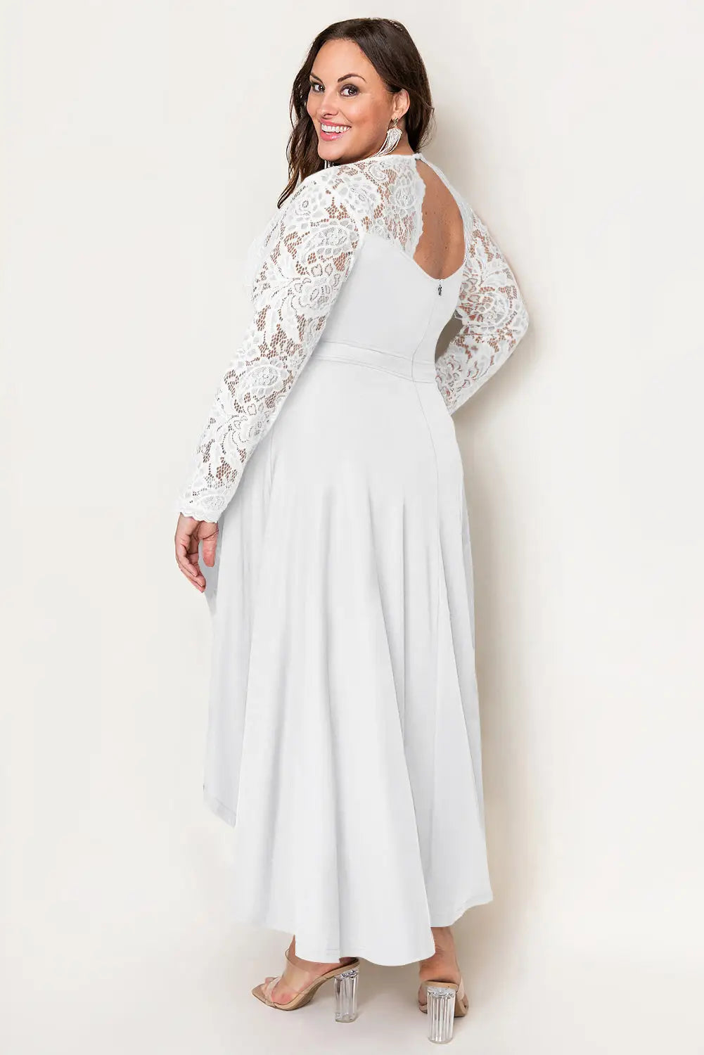 White plus size high-low lace contrast evening dress