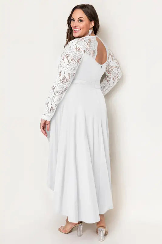 White plus size high-low lace contrast evening dress