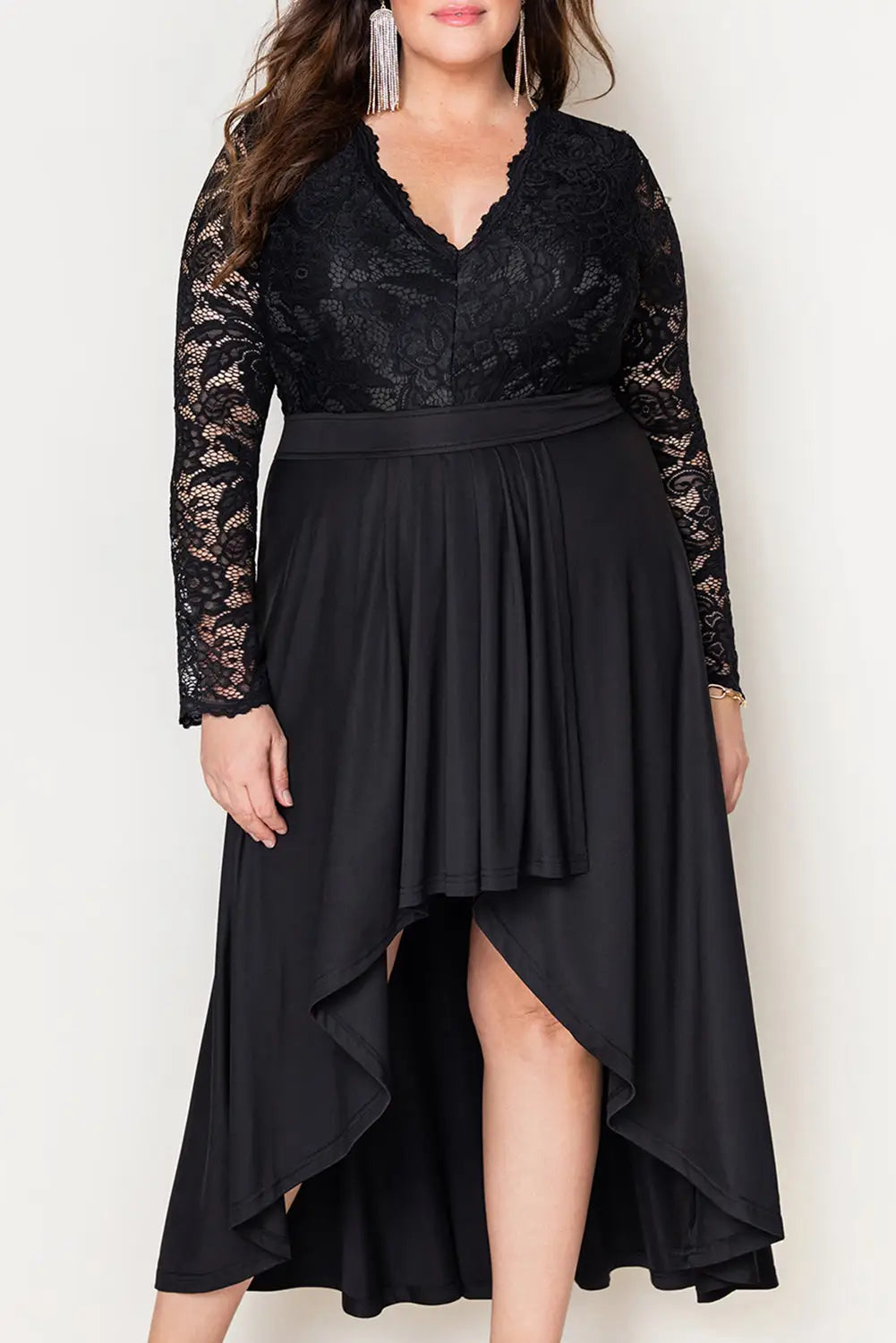 White plus size high-low lace contrast evening dress