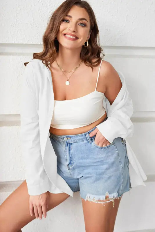 White plus size linen textured shirt - shirts