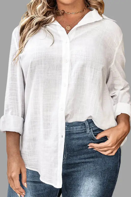 White plus size linen textured shirt - shirts