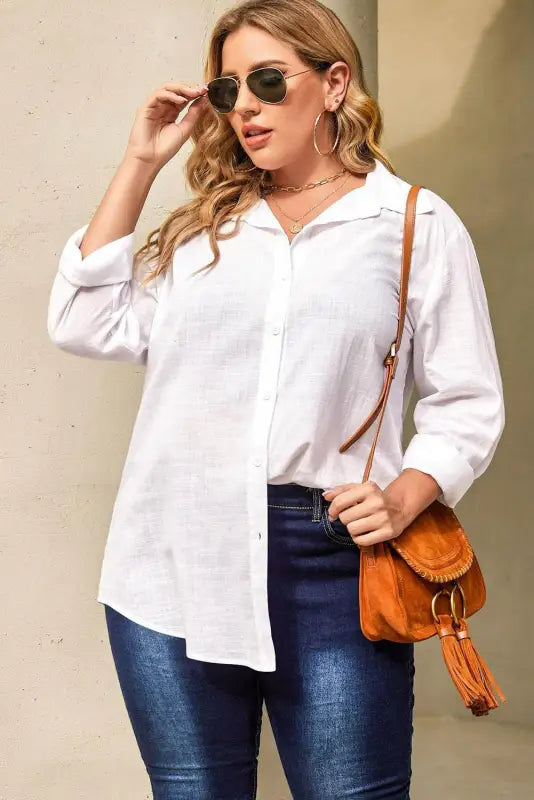 White plus size linen textured shirt - shirts