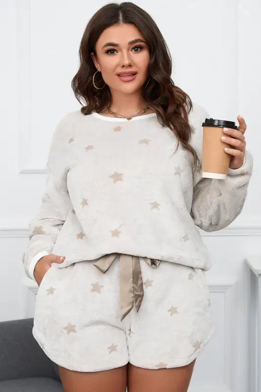 White plus size plush star pattern top and shorts set