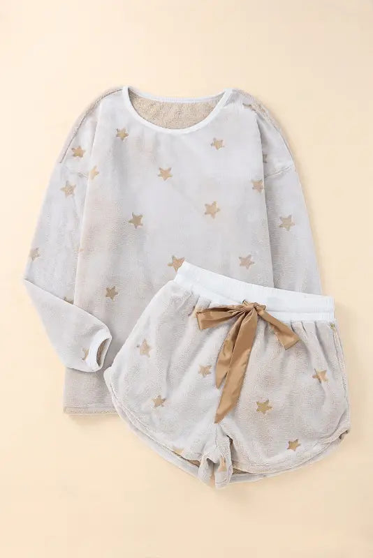 White plus size plush star pattern top and shorts set