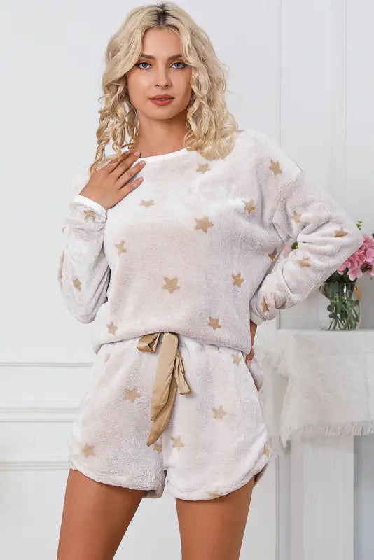 White plus size plush star pattern top and shorts set