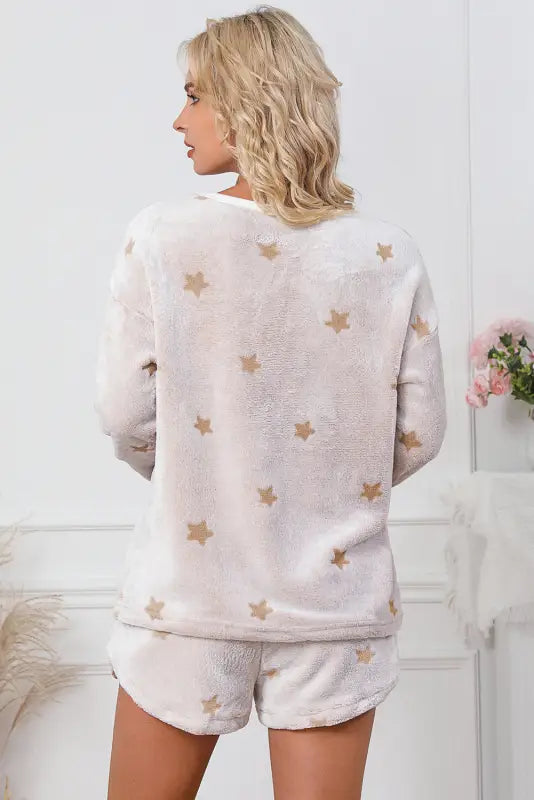 White plus size plush star pattern top and shorts set