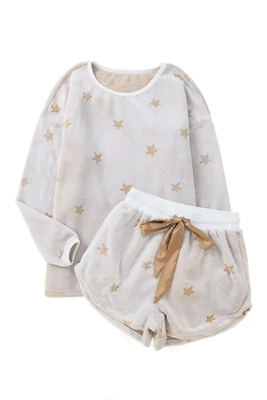 White plus size plush star pattern top and shorts set