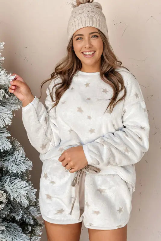 White plus size plush star pattern top and shorts set