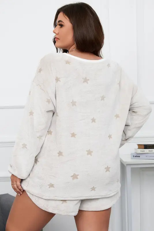 White plus size plush star pattern top and shorts set