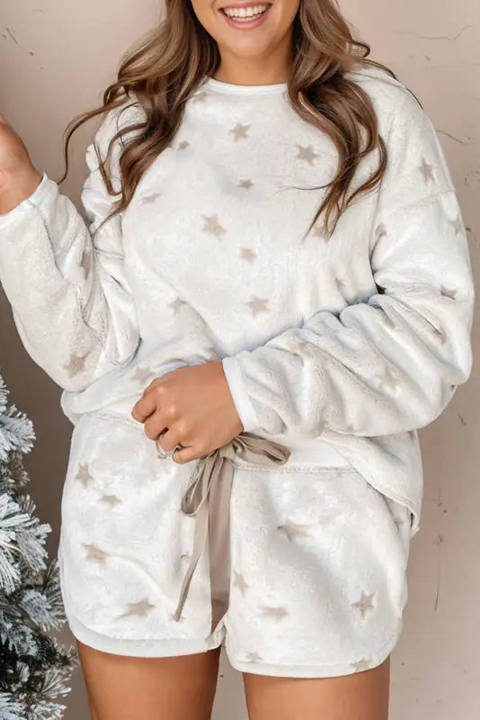 White plus size plush star pattern top and shorts set