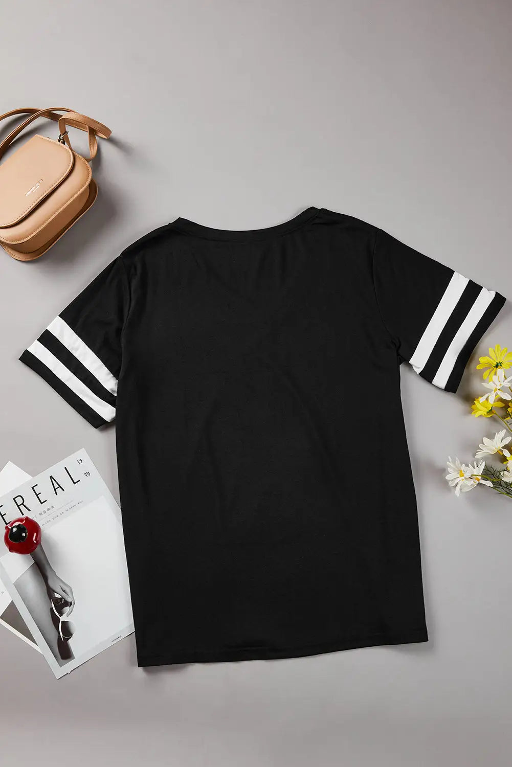 White plus size stripes stitching sleeve v neck t-shirt - tops & tees