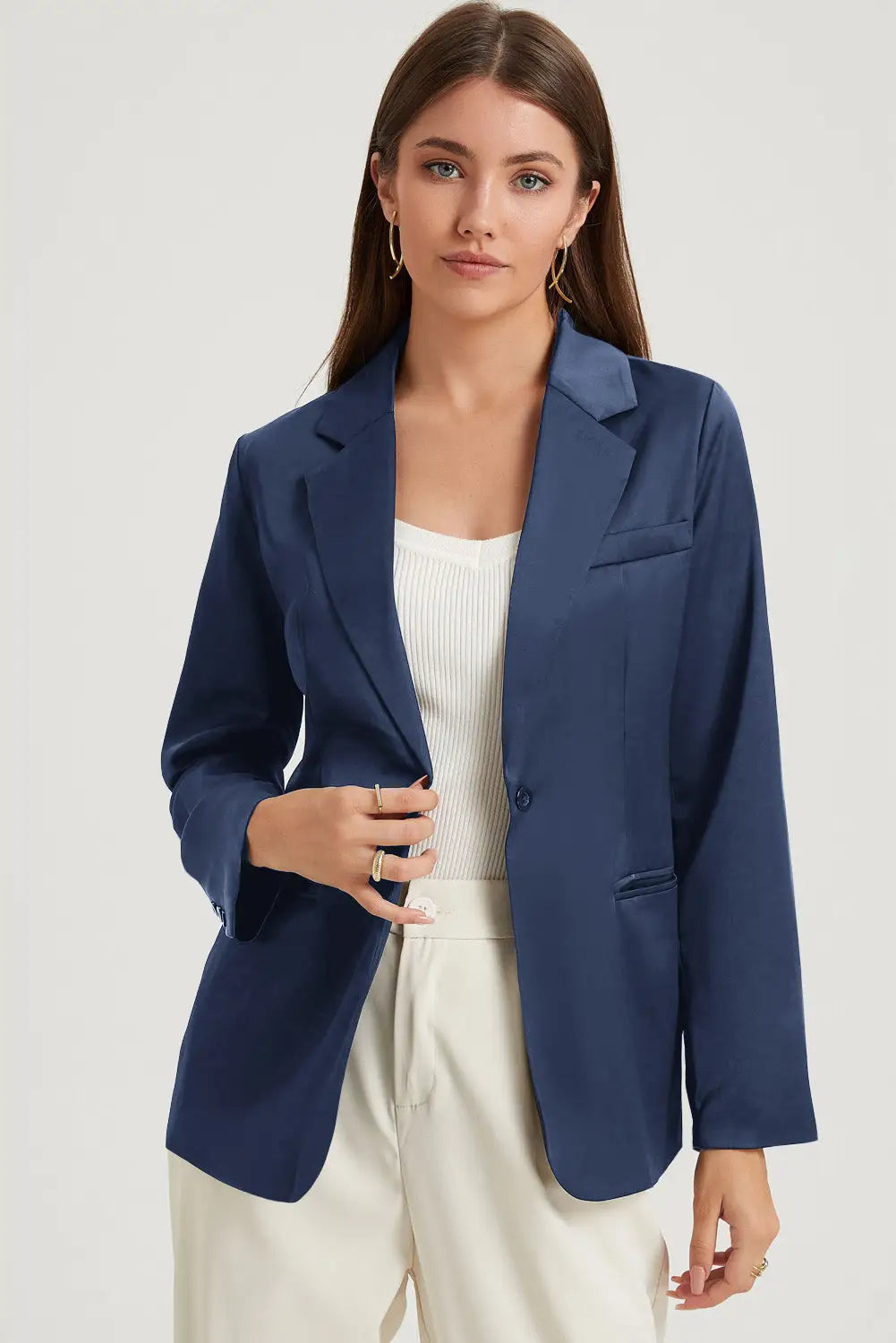 White pocketed single button lapel neck blazer - blue / s / 90% polyester + 10% elastane - blazers