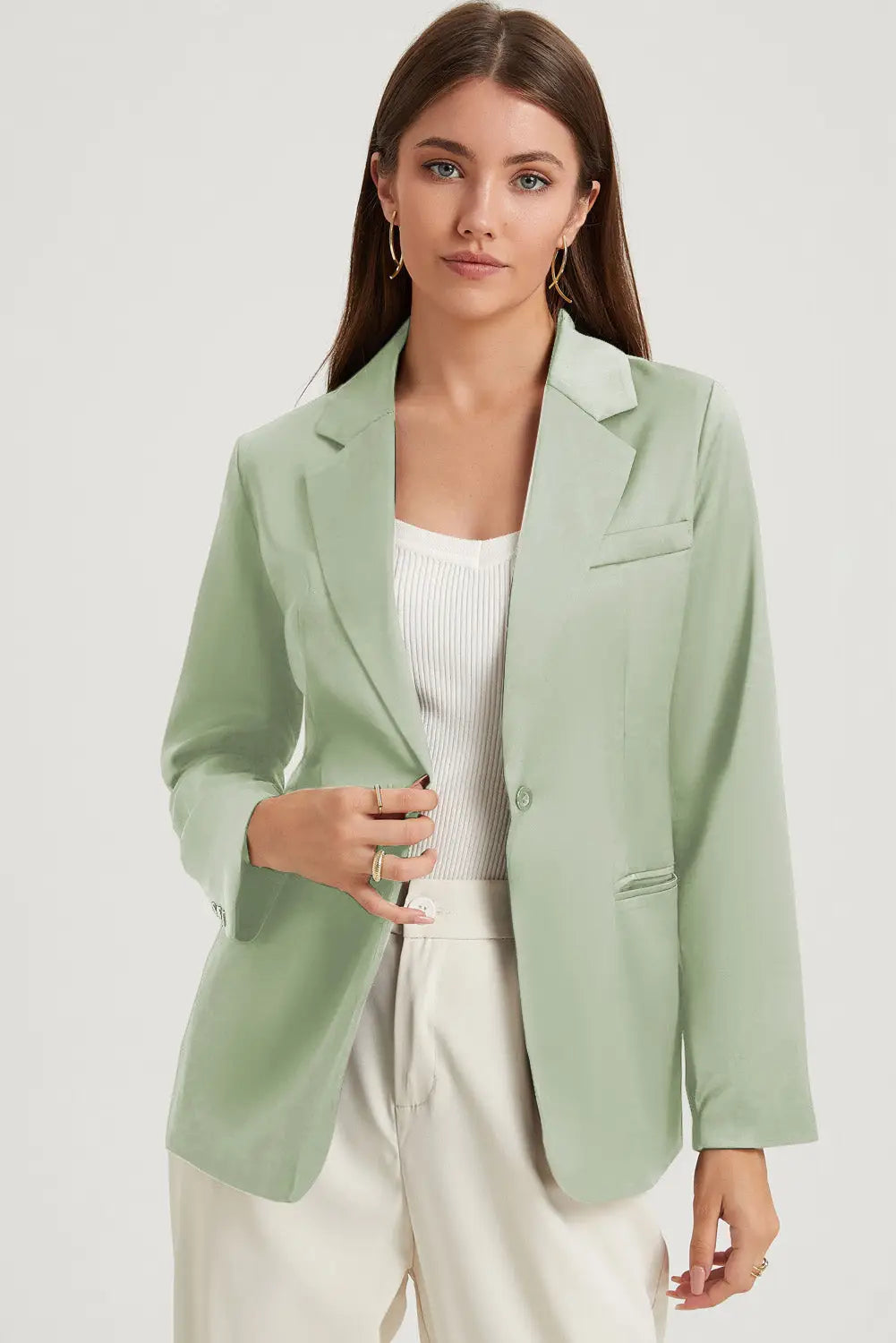 White pocketed single button lapel neck blazer - green / s / 90% polyester + 10% elastane - blazers
