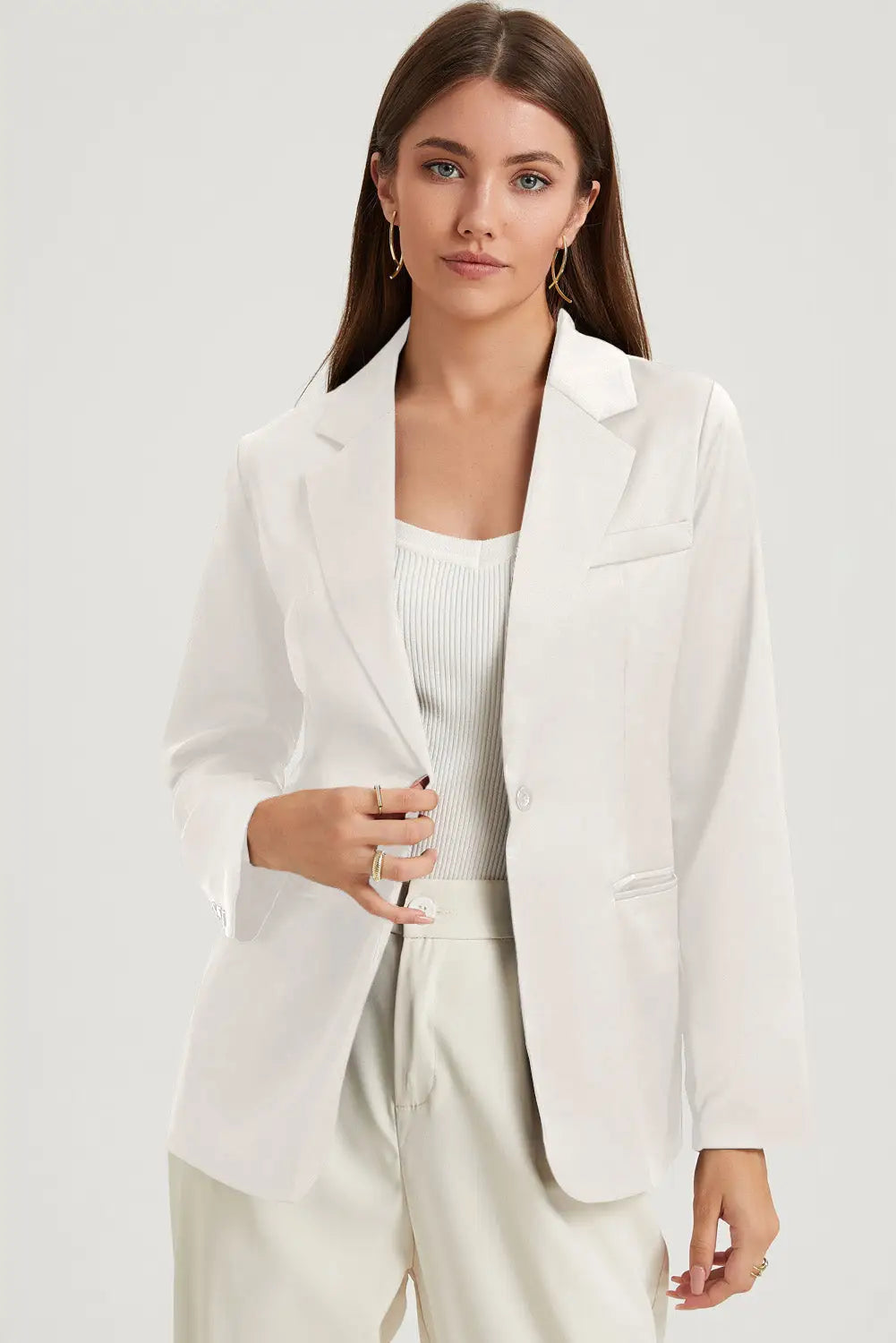 White pocketed single button lapel neck blazer - s / 90% polyester + 10% elastane - blazers