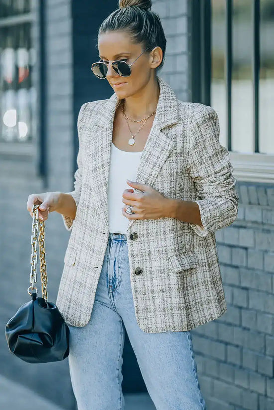 White pockets lapel collar plaid blazer - outerwear