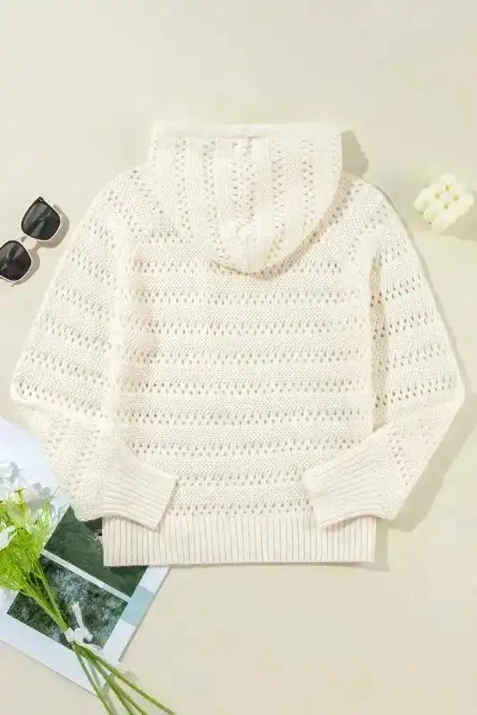 White Pointelle Hooded Sweater - Fashionfitz