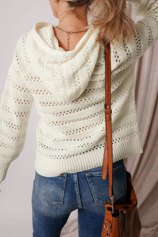 White pointelle hooded sweater - sweaters & cardigans/sweaters