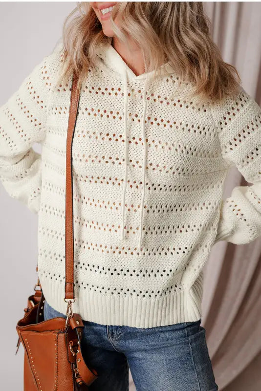 White pointelle hooded sweater - sweaters & cardigans/sweaters