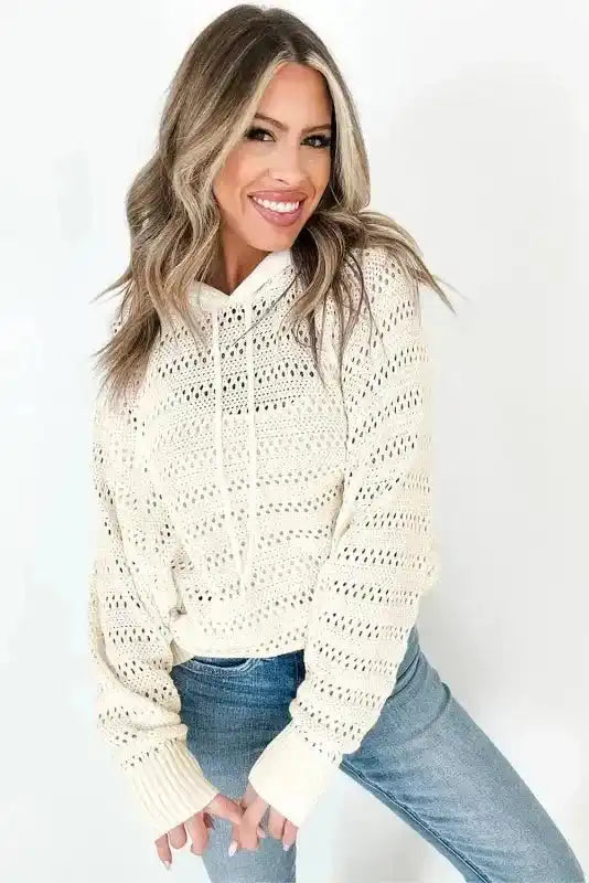 White Pointelle Hooded Sweater - Fashionfitz