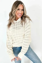 White Pointelle Hooded Sweater - Fashionfitz