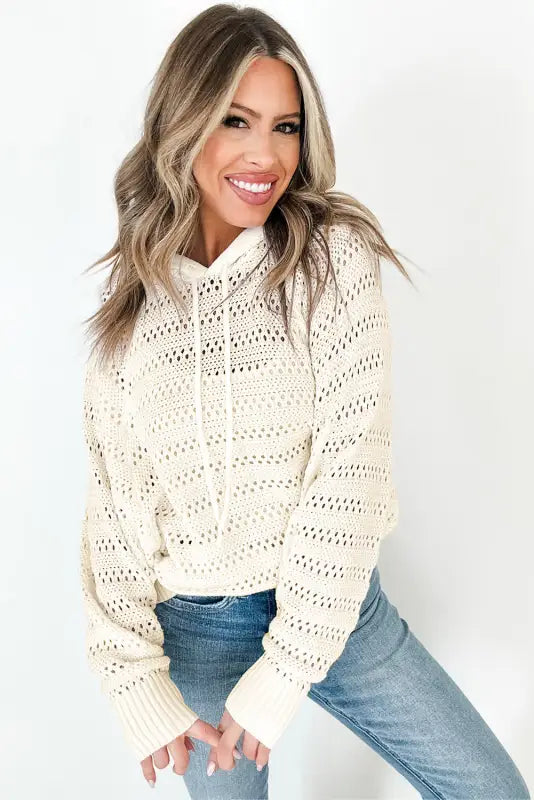 White pointelle hooded sweater - sweaters & cardigans/sweaters