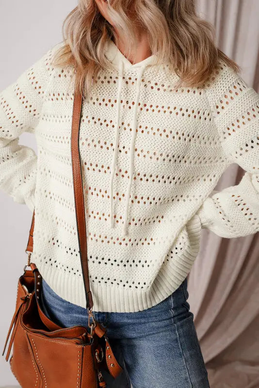 White pointelle hooded sweater - sweaters & cardigans/sweaters