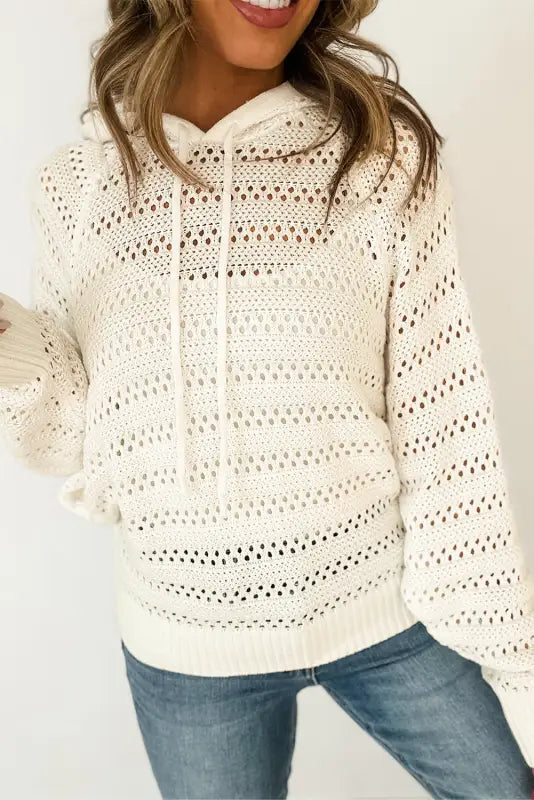 White pointelle hooded sweater - s / 60% cotton + 40% acrylic - sweaters & cardigans/sweaters