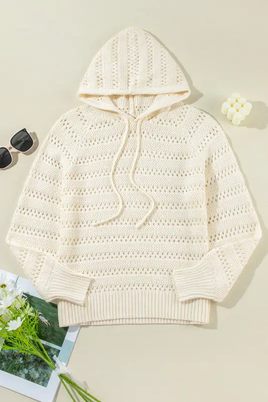 White pointelle hooded sweater - sweaters & cardigans/sweaters