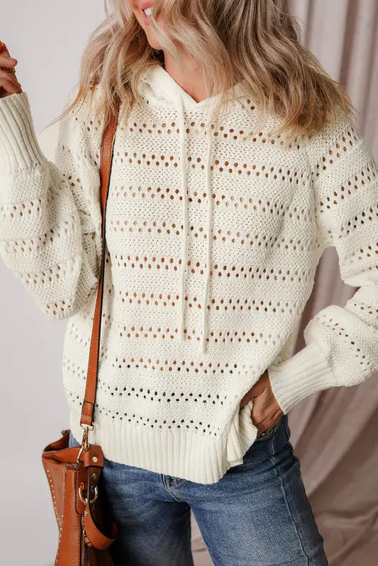 White pointelle hooded sweater - sweaters & cardigans/sweaters