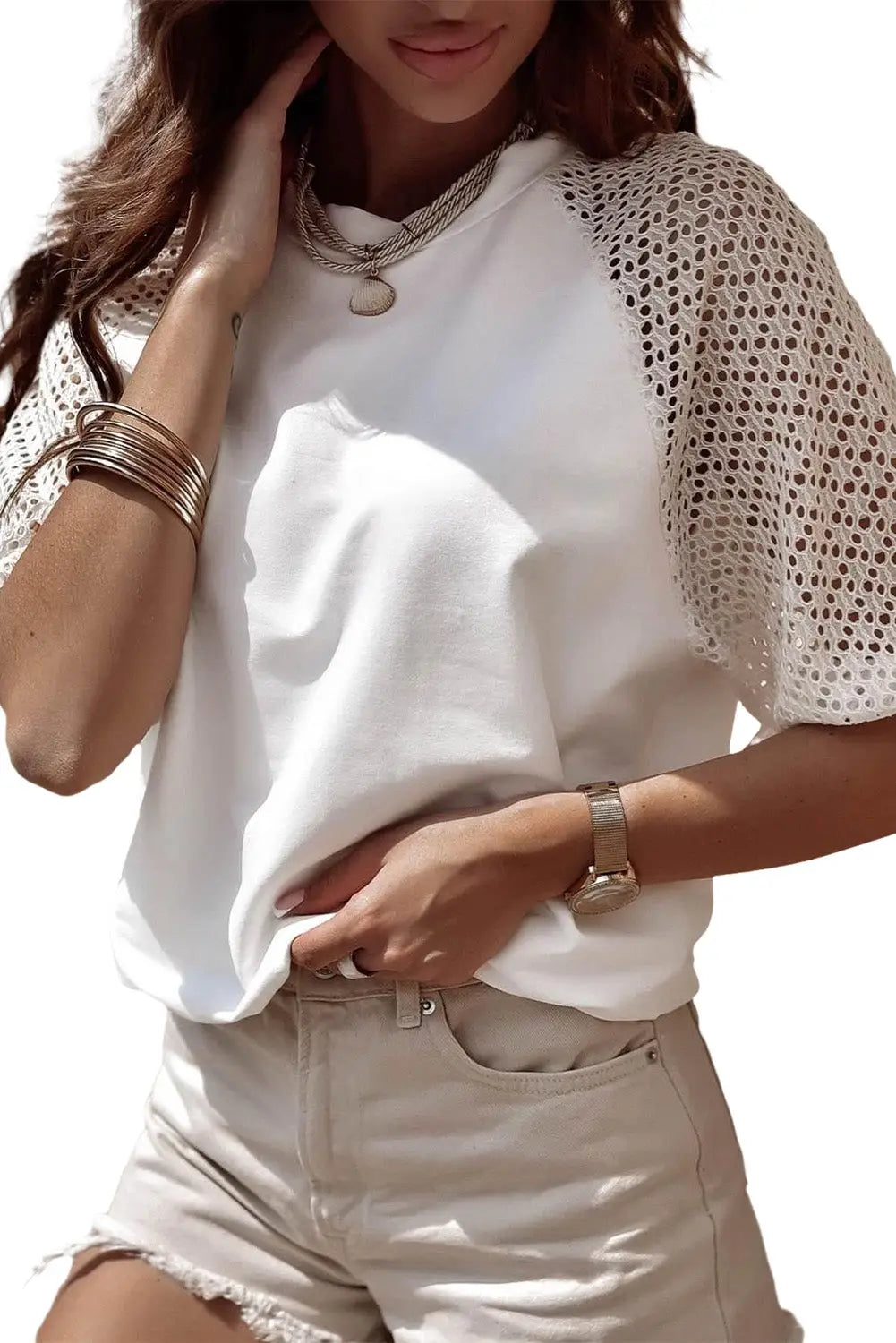 White pointelle lace half sleeve crew neck tee - t-shirts