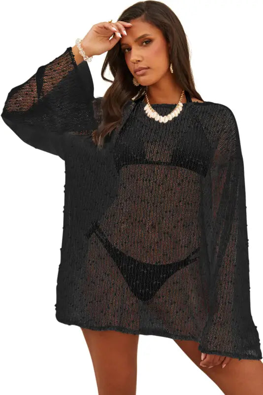 White pompom mesh long sleeve side split beach cover up - cover-ups