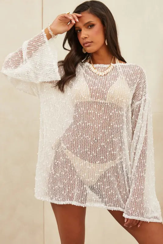 White pompom mesh long sleeve side split beach cover up - cover-ups