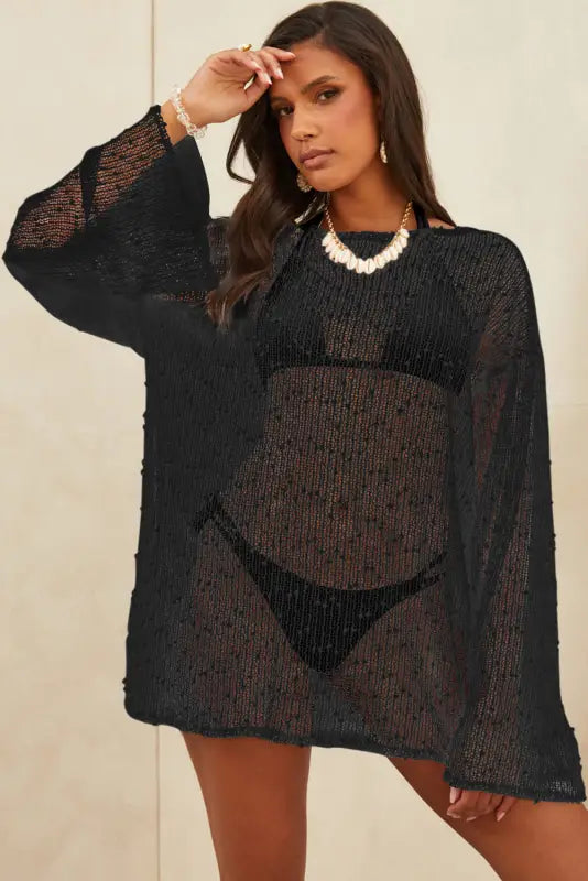 White pompom mesh long sleeve side split beach cover up - cover-ups