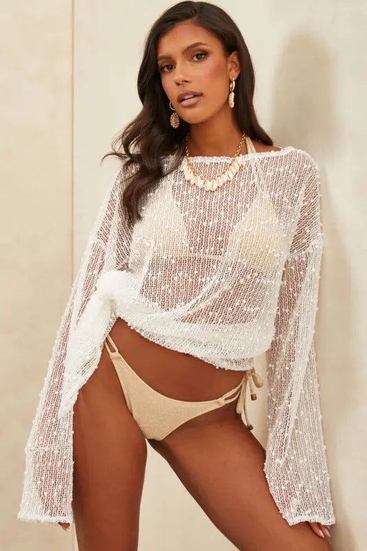 White pompom mesh long sleeve side split beach cover up - cover-ups