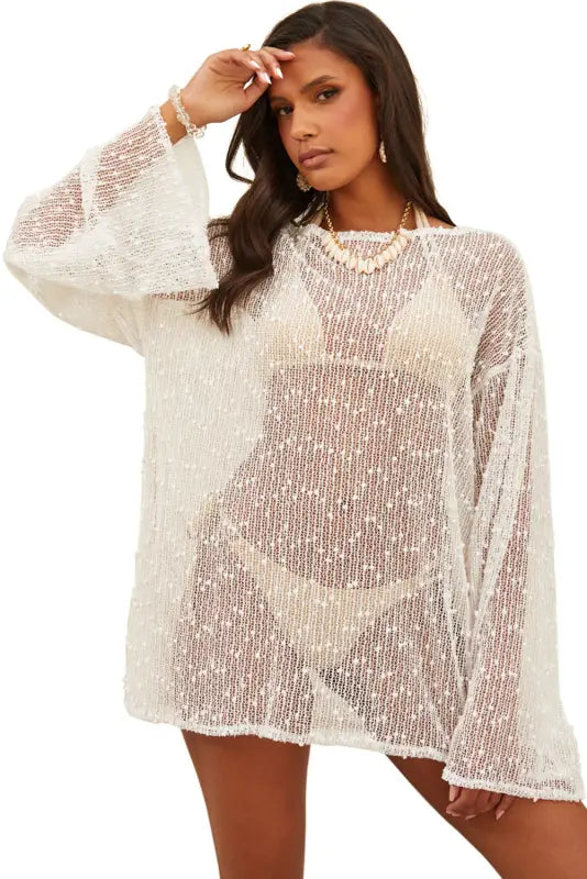 White pompom mesh long sleeve side split beach cover up - cover-ups