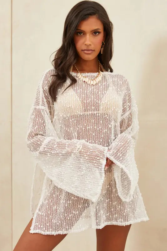 White pompom mesh long sleeve side split beach cover up - cover-ups