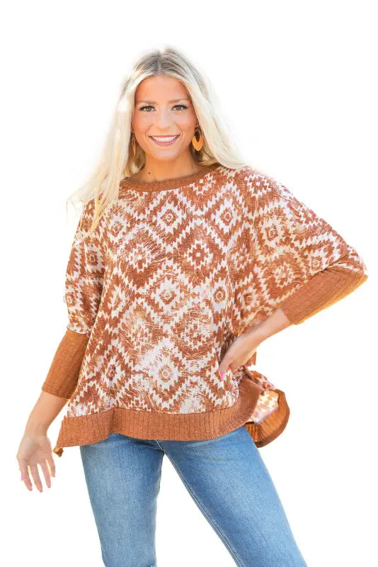 White printed aztec print bishop sleeve ribbed trim blouse - tops