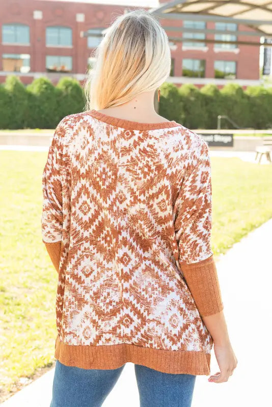 White printed aztec print bishop sleeve ribbed trim blouse - tops