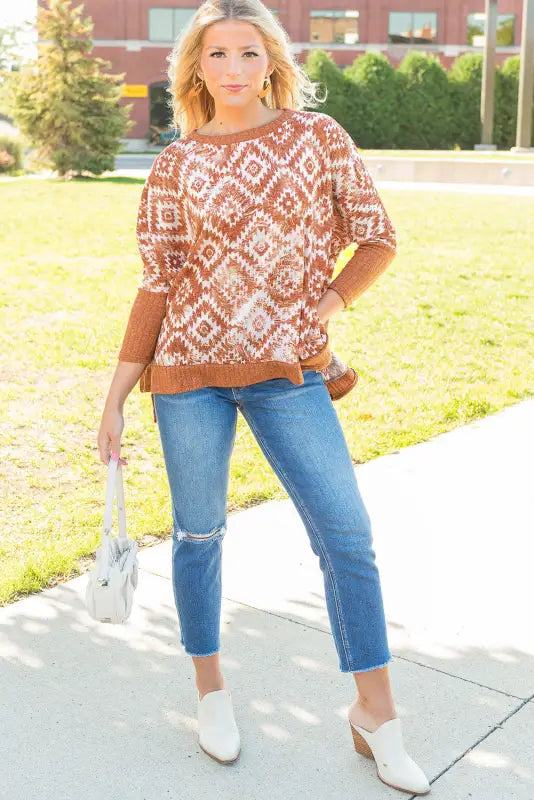 White printed aztec print bishop sleeve ribbed trim blouse - tops